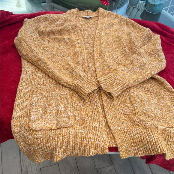 LOFT Marled Open-Front Cardigan in Mustard and Cream - Picture 6 of 6
